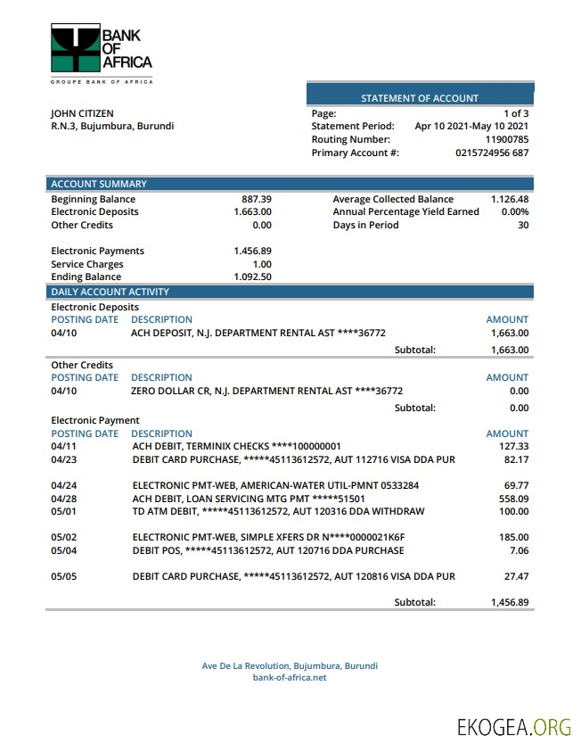 Relevé bancaire de la Bank of Africa du Burundi